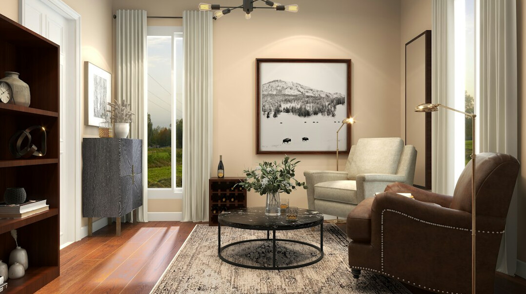 Elegant living room with warm lighting and curated décor
